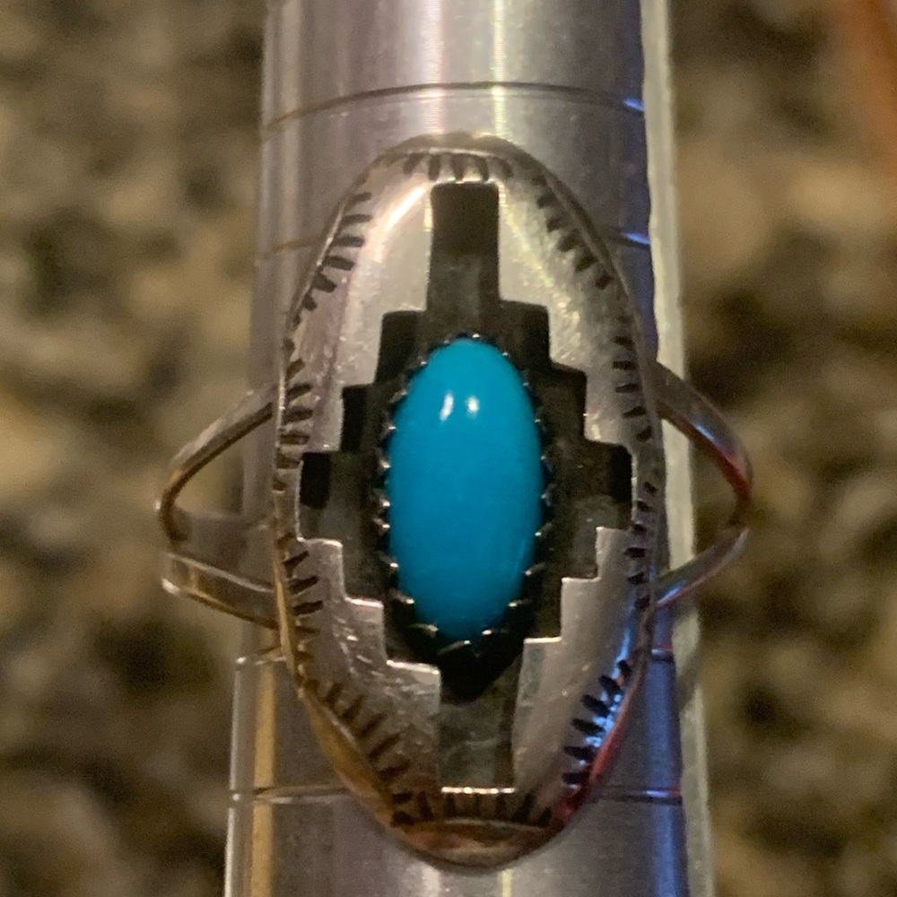 Native American Sterling  Shawdowbox Turquoise Ring Signed P
